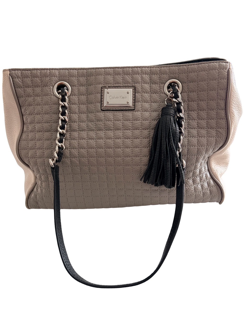 Calvin Klein Hastings Quilted Pebble Leather Tote Bag Two-Tone Taupe Cream